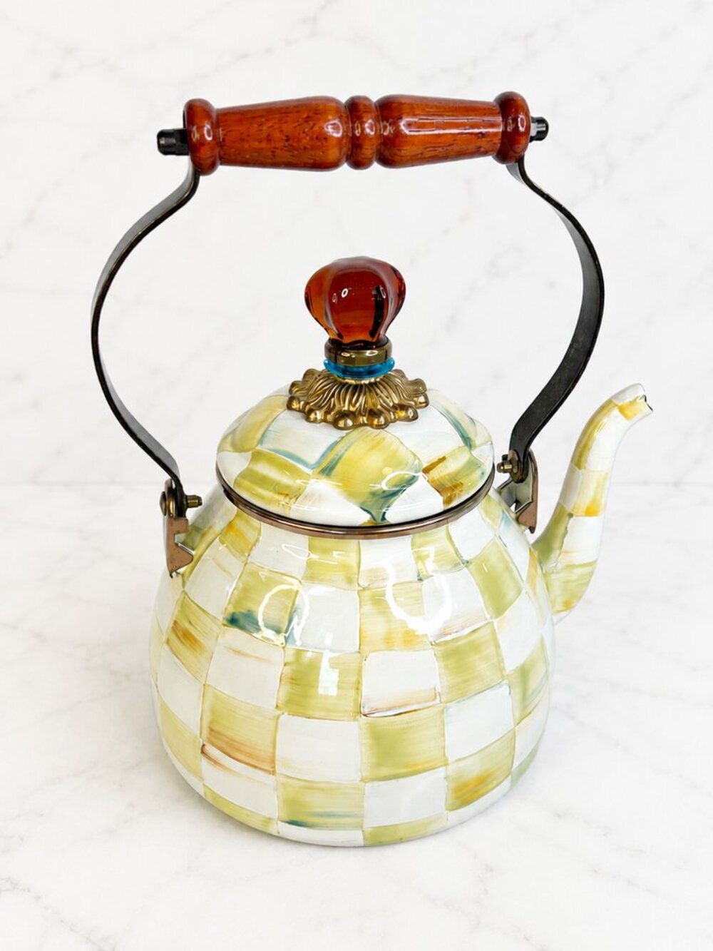 Authentic MacKenzie-Childs Parchment Check 2QT Tea Kettle Blue Ring - Rare / Ret
